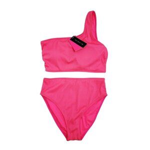 One-Shoulder Ribbed Bikini Set Swimwear Pink Womens Size S